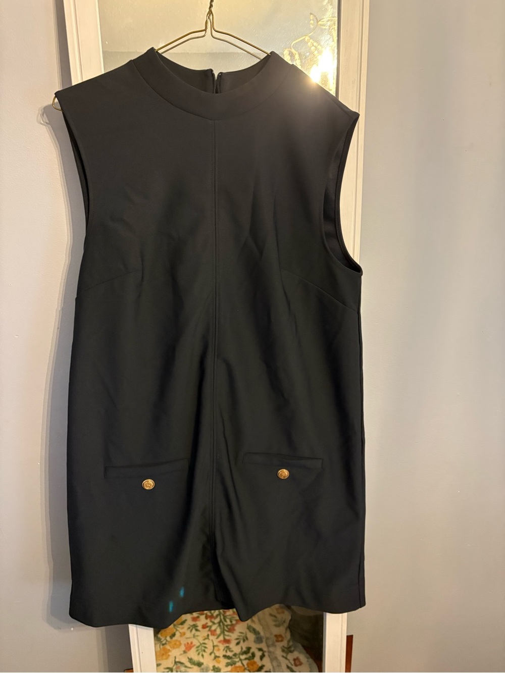 Sleeveless Black Ponte Dress with Gold Button Details